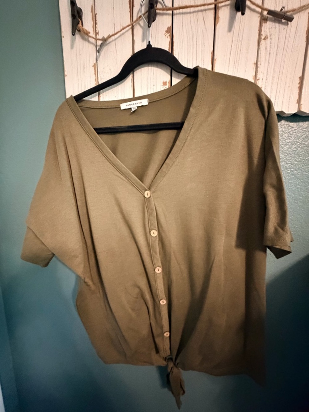 Purple Snow Olive Green Button-Front Tie Hem Top